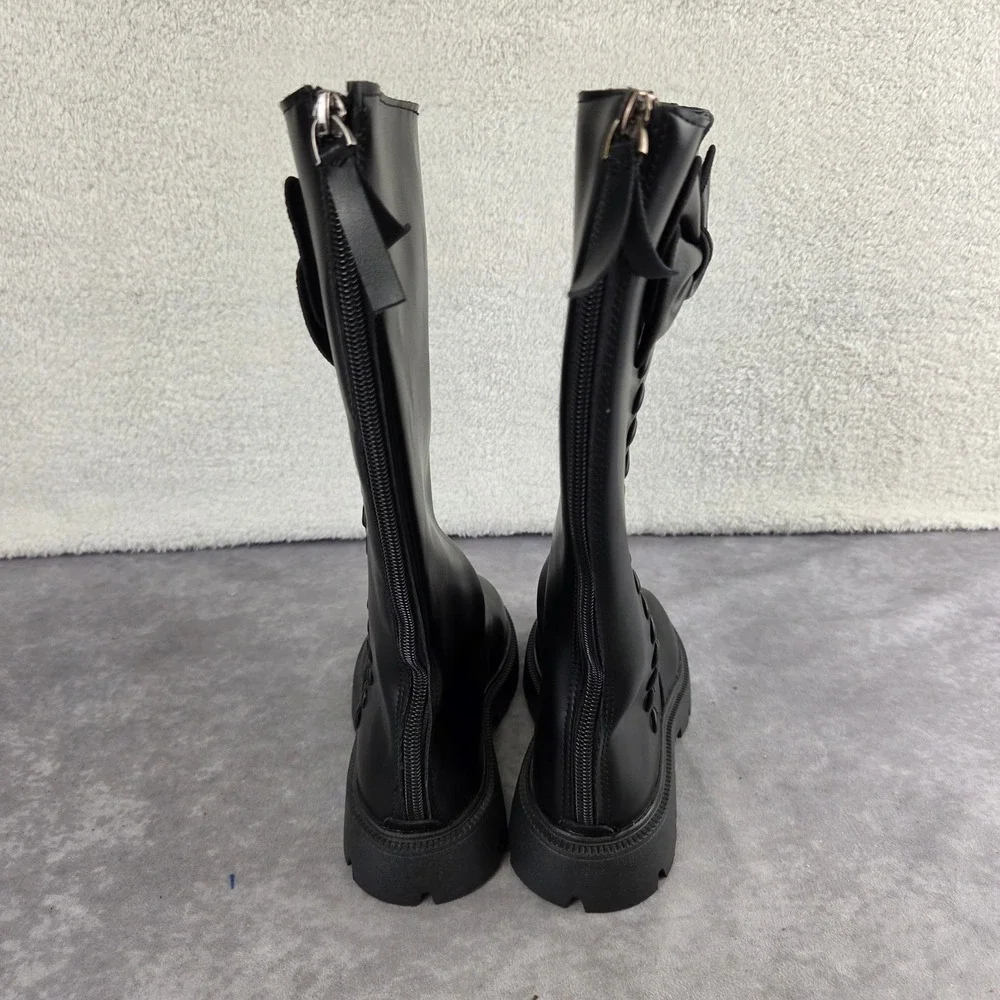 Kids Black Bow Detail Tall Lug Sole Boots Rear Zip Platform Size 33 S1890